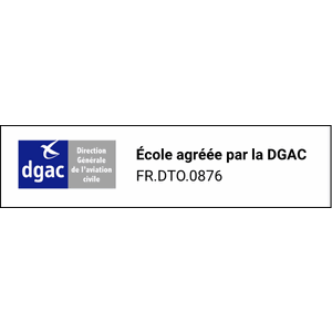 Logo DGAC et mention : école certifiée, n° d'agrément FR.DTO.0876.