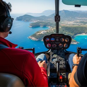 Deux pilotes survolent côte et collines en hélicoptère.