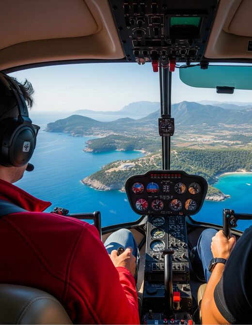 Deux pilotes survolent côte et collines en hélicoptère.